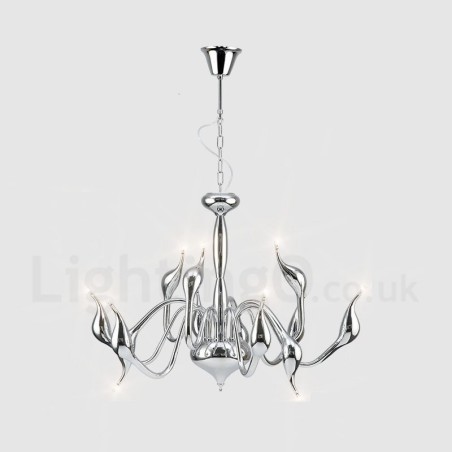 12-flammige moderne Pendelleuchte aus verchromtem Metall im Schwanenstil 12-flammige moderne Pendelleuchte aus verchromtem Metall im Schwanenstil