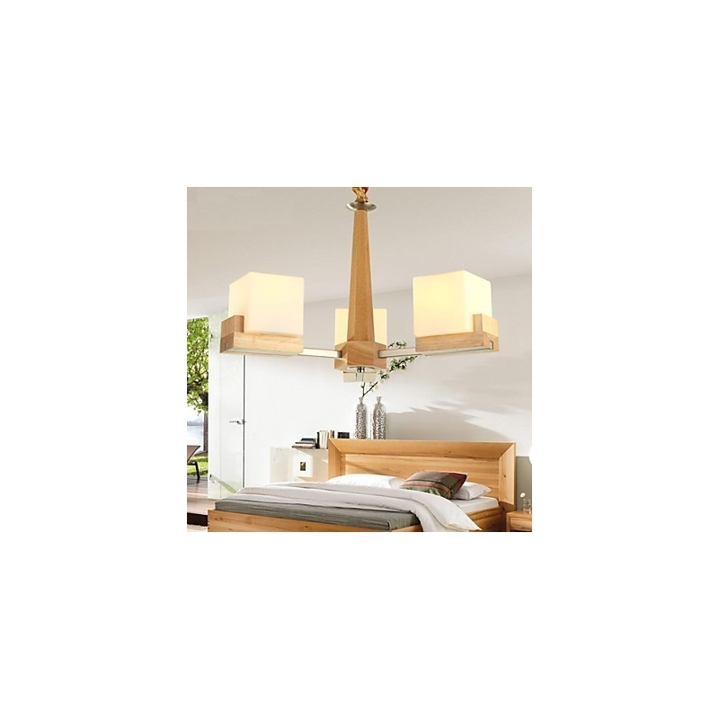 Hängelampe aus Eiche mit drei Lichtern, Eiche und Glas