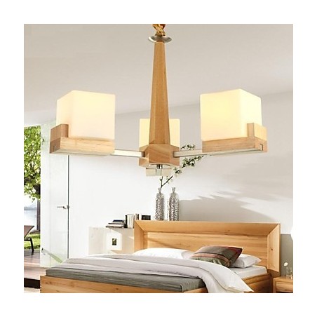 Hängelampe aus Eiche mit drei Lichtern, Eiche und Glas Hängelampe aus Eiche mit drei Lichtern, Eiche und Glas