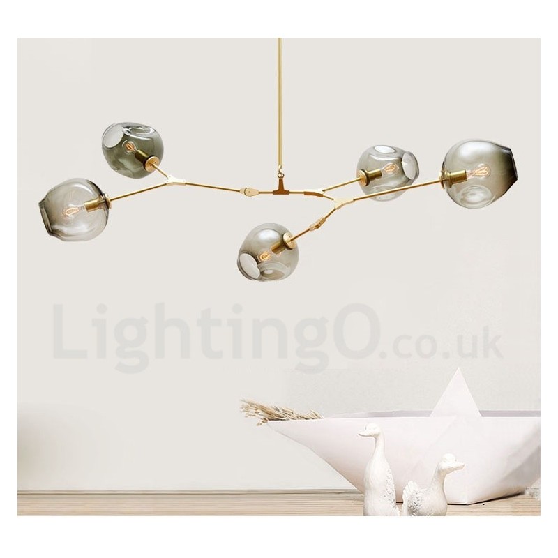 Moderner zeitgenössischer Kronleuchter mit 5 Lichtern und Glasschirmlampe