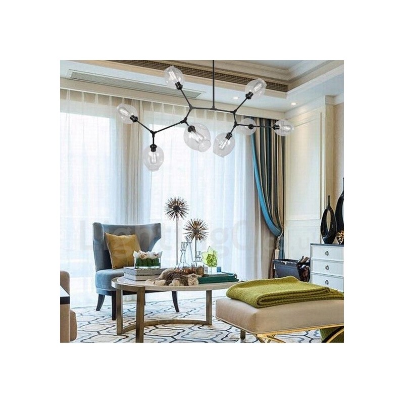 Moderner Kronleuchter mit 8 Lichtern, klarem Glasschirm und Lampe (Schwarz-Gold)