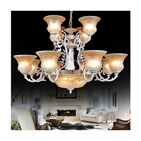 Weiß Kronleuchter Fünfzehn Lichter Muster Glas Schatten Hand Vergoldet Europäischen Retro Weiß Kronleuchter Fünfzehn Lichter Muster Glas Schatten Hand Vergoldet Europäischen Retro