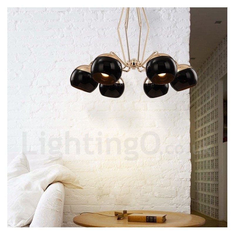 Moderne, zeitgenössische Kronleuchterlampe aus Metall mit 6 Lichtern und einem einstöckigen Glasschirm