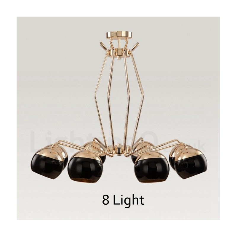 8-flammige, einstöckige, moderne Kronleuchterlampe aus Metall mit Glasschirm