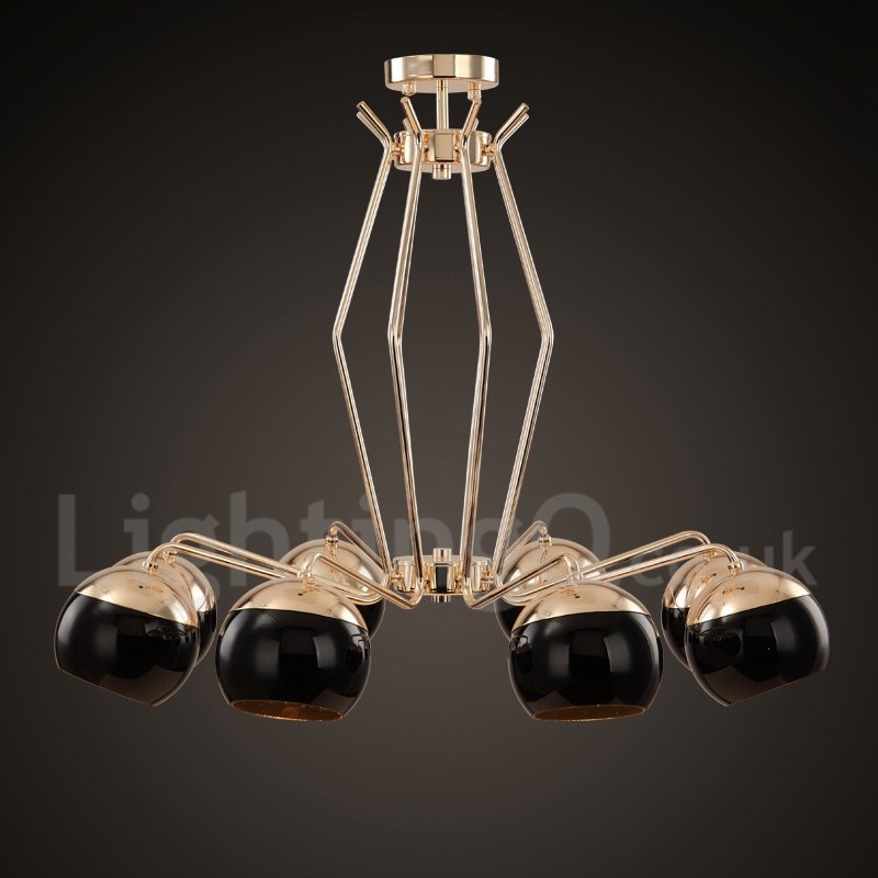 8-flammige, einstöckige, moderne Kronleuchterlampe aus Metall mit Glasschirm