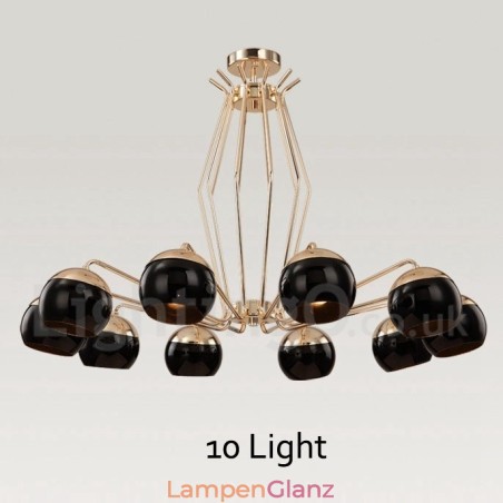 Moderne, zeitgenössische Kronleuchterlampe aus Metall mit 10 Lichtern und einem einstöckigen Glasschirm