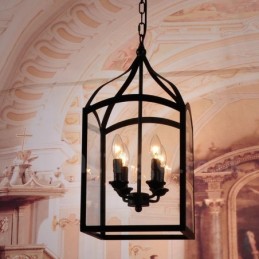 Rustikale Lodge-Pendelleuchte mit 4 Lichtern, aus schwarzem Metall, mit Glasschirm