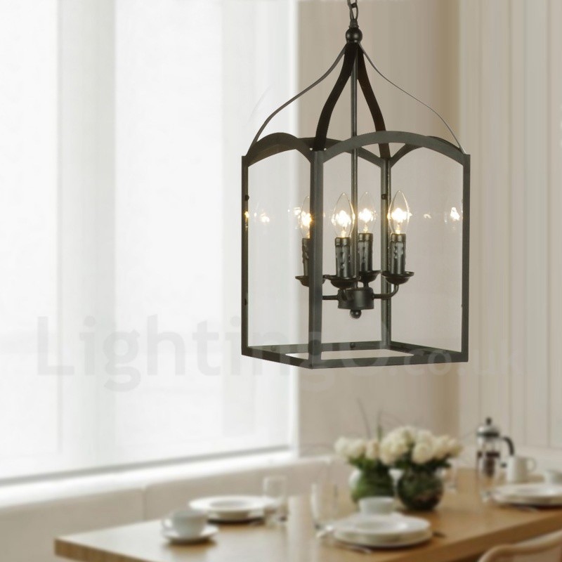 Rustikale Lodge-Pendelleuchte mit 4 Lichtern, aus schwarzem Metall, mit Glasschirm