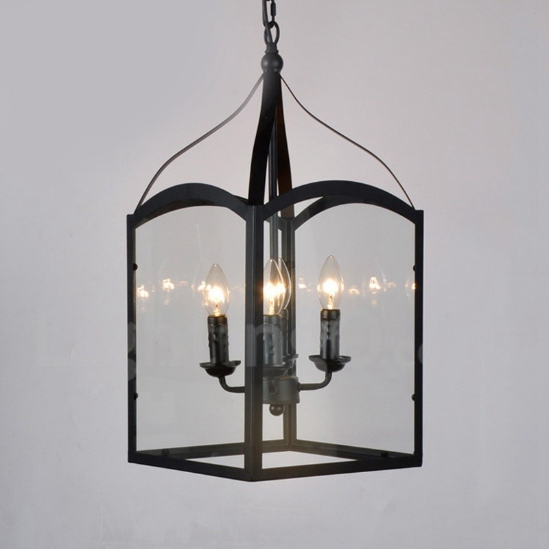 Rustikale Lodge-Pendelleuchte mit 4 Lichtern, aus schwarzem Metall, mit Glasschirm