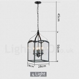 Rustikale Lodge-Pendelleuchte mit 4 Lichtern, aus schwarzem Metall, mit Glasschirm