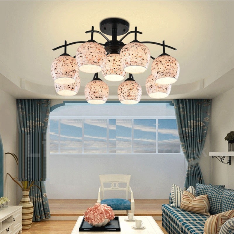 Integrierter Kronleuchter im mediterranen Stil mit 9 Lichtern und Glasschirm
