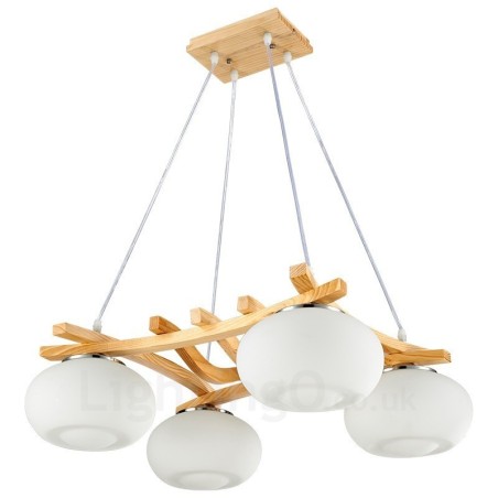 Hängeleuchte „Lodge“ aus rustikalem Holz mit 4 Lichtern und Glasschirm Hängeleuchte „Lodge“ aus rustikalem Holz mit 4 Lichtern und Glasschirm
