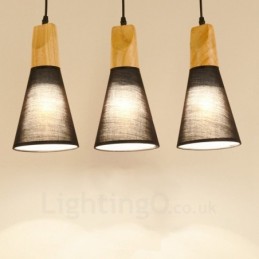 Moderne Pendelleuchte mit 3 Lichtern aus Holz und Stoffschirm