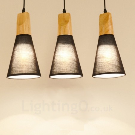 Moderne Pendelleuchte mit 3 Lichtern aus Holz und Stoffschirm Moderne Pendelleuchte mit 3 Lichtern aus Holz und Stoffschirm