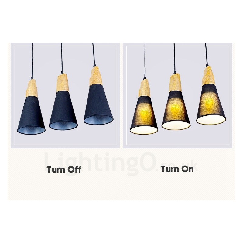 Moderne Pendelleuchte mit 3 Lichtern aus Holz und Stoffschirm