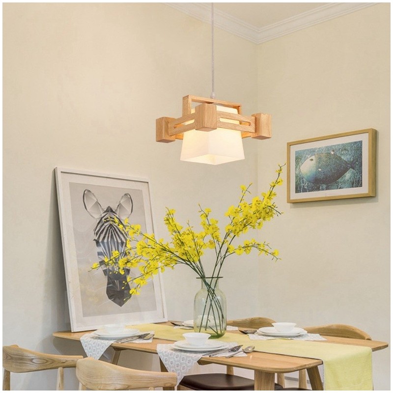 1 Licht Holz Moderne zeitgenössische Pendelleuchte im nordischen Stil mit Stoffschirm