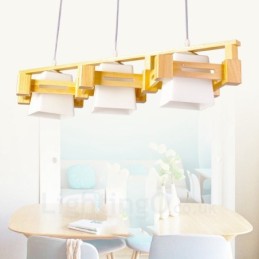 3-flammige Pendelleuchte aus Holz im modernen, zeitgenössischen nordischen Stil mit Stoffschirm