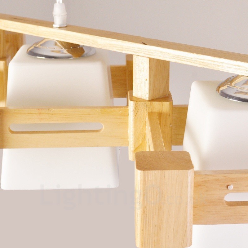 3-flammige Pendelleuchte aus Holz im modernen, zeitgenössischen nordischen Stil mit Stoffschirm
