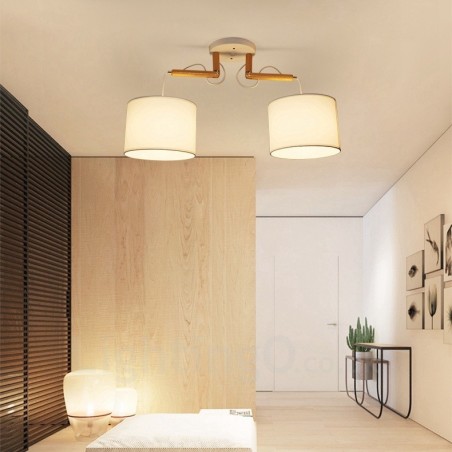 Moderne Pendelleuchte mit 2 Lichtern aus Holz und Stoffschirm Moderne Pendelleuchte mit 2 Lichtern aus Holz und Stoffschirm