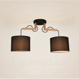 Moderne Pendelleuchte mit 2 Lichtern aus Holz und Stoffschirm