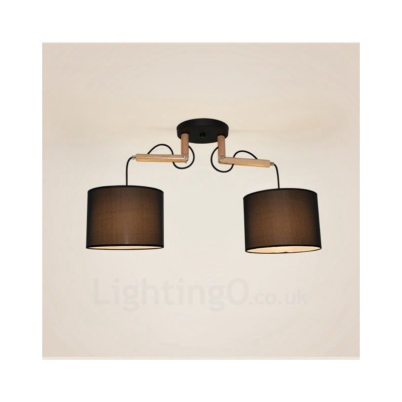 Moderne Pendelleuchte mit 2 Lichtern aus Holz und Stoffschirm