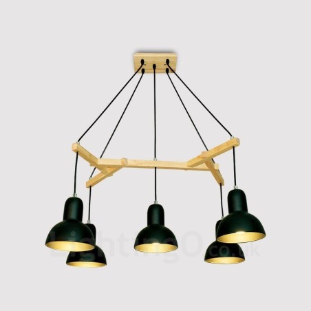 5-flammige, moderne Pendelleuchte aus Holz mit Eisenschirm 5-flammige, moderne Pendelleuchte aus Holz mit Eisenschirm
