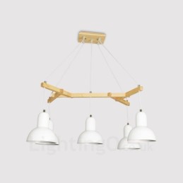 5-flammige, moderne Pendelleuchte aus Holz mit Eisenschirm