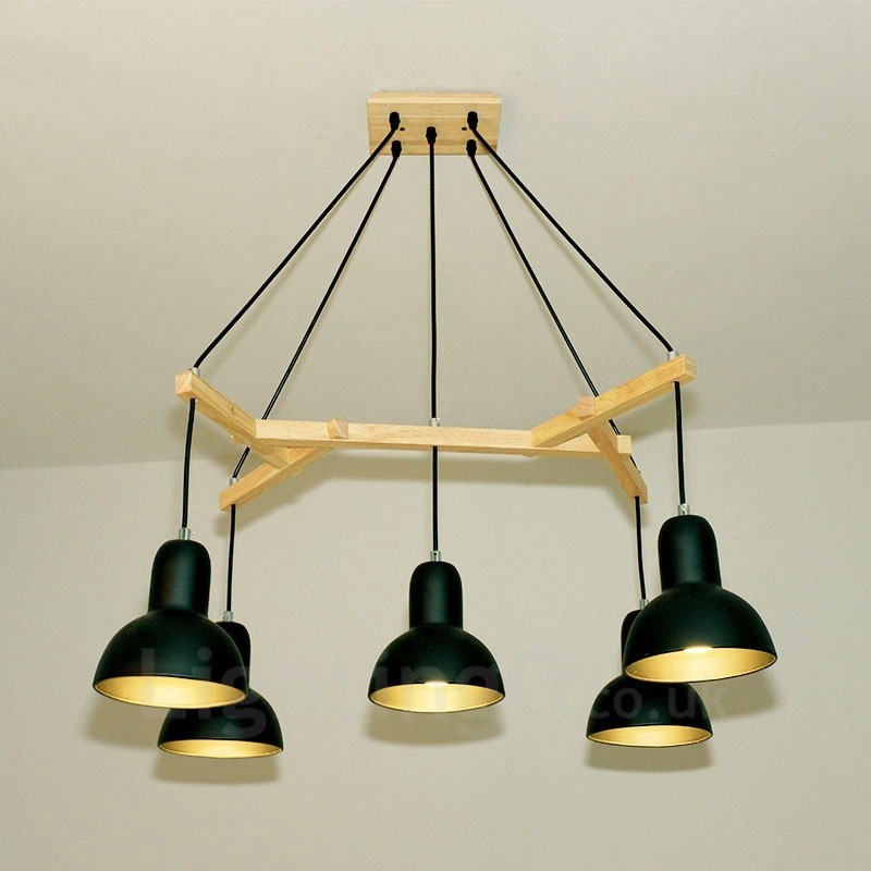 5-flammige, moderne Pendelleuchte aus Holz mit Eisenschirm