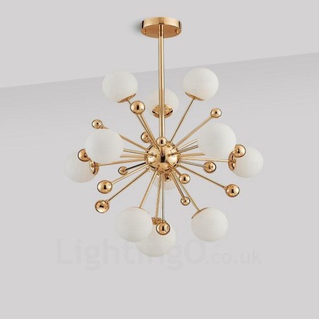 11-flammige moderne Deckenleuchten, Kupfer-Kronleuchter mit weißem Kugelglasschirm 11-flammige moderne Deckenleuchten, Kupfer-Kronleuchter mit weißem Kugelglasschirm