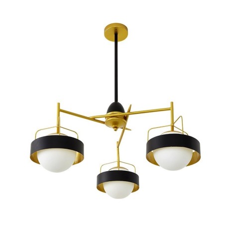 3-flammige moderne Deckenleuchten, Kupfer-Kronleuchter mit weißem und schwarzem Kugelglasschirm 3-flammige moderne Deckenleuchten, Kupfer-Kronleuchter mit weißem und schwarzem Kugelglasschirm