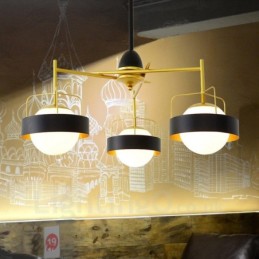 3-flammige moderne Deckenleuchten, Kupfer-Kronleuchter mit weißem und schwarzem Kugelglasschirm