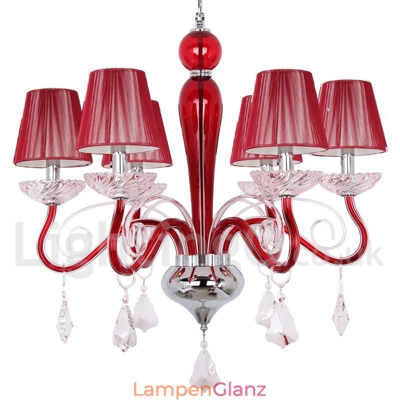 6-flammiger roter moderner K9-Kristall-Kronleuchter im Kerzenstil