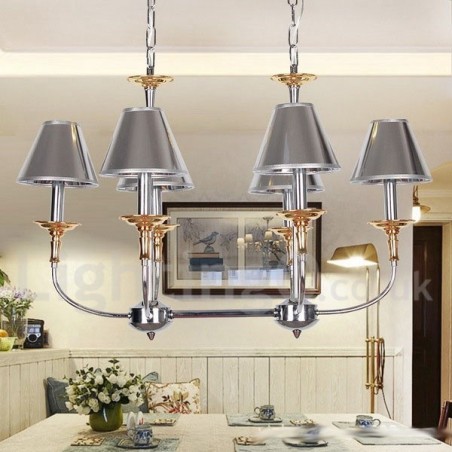 6-flammiger moderner zeitgenössischer Kronleuchter im Kerzenstil aus Chrom 6-flammiger moderner zeitgenössischer Kronleuchter im Kerzenstil aus Chrom