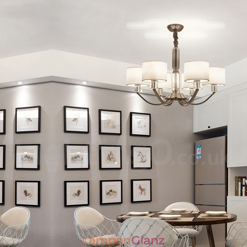 Moderner zeitgenössischer Kristall-Kronleuchter mit 6 Lichtern und Stoffschirm