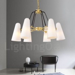 6-flammige Retro-Pendelleuchte aus rustikalem Messing mit Glasschirm