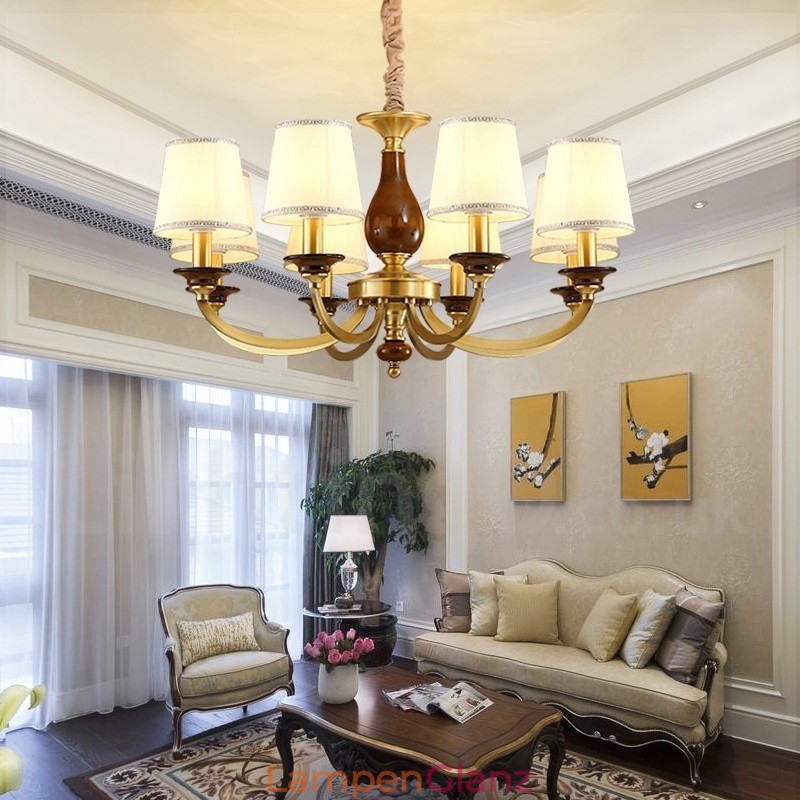 8-flammige Retro-Pendelleuchte aus rustikalem Messing mit Glasschirm