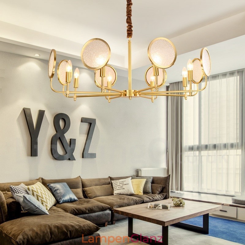 8-flammige Retro-Pendelleuchte aus rustikalem Messing mit Glasschirm