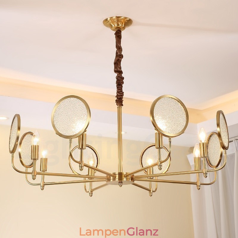 8-flammige Retro-Pendelleuchte aus rustikalem Messing mit Glasschirm