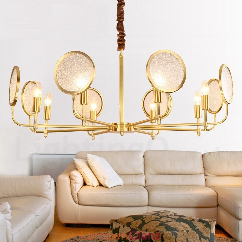 8-flammige Retro-Pendelleuchte aus rustikalem Messing mit Glasschirm