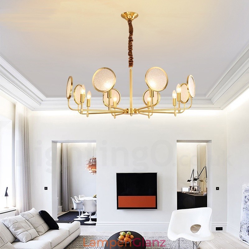 8-flammige Retro-Pendelleuchte aus rustikalem Messing mit Glasschirm