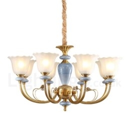 8-flammige Retro-Pendelleuchte aus rustikalem Messing mit Glasschirm