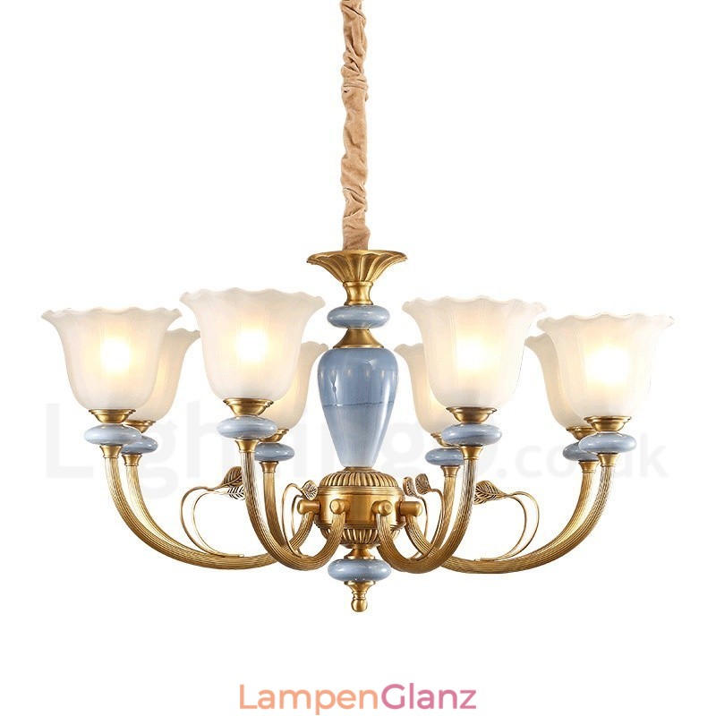 8-flammige Retro-Pendelleuchte aus rustikalem Messing mit Glasschirm