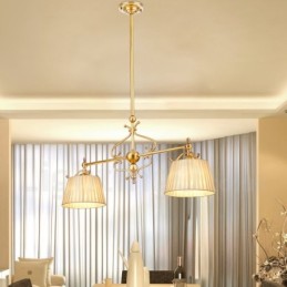 2-flammige Retro-Pendelleuchte aus rustikalem Messing mit Stoffschirm