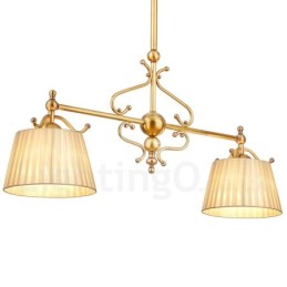 2-flammige Retro-Pendelleuchte aus rustikalem Messing mit Stoffschirm