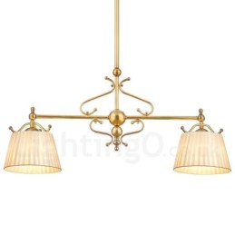 2-flammige Retro-Pendelleuchte aus rustikalem Messing mit Stoffschirm