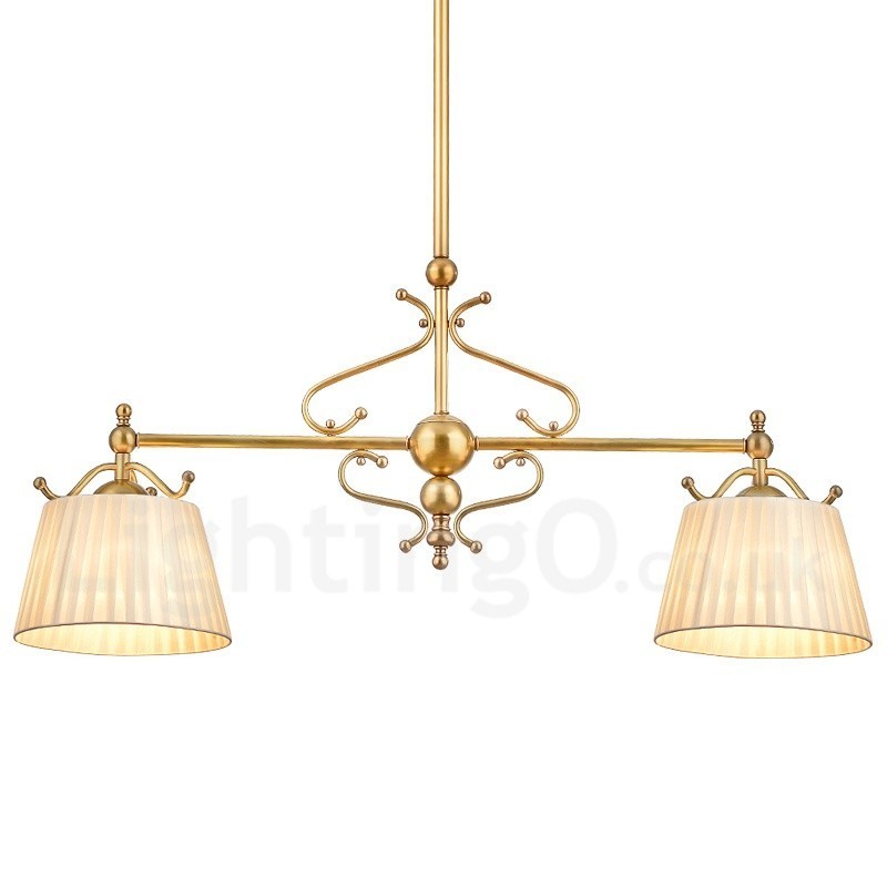 2-flammige Retro-Pendelleuchte aus rustikalem Messing mit Stoffschirm