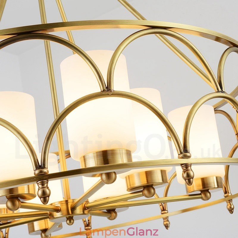 8-flammige Retro-Pendelleuchte aus rustikalem Messing mit Glasschirm