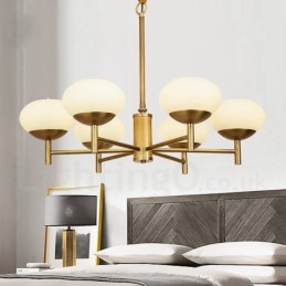 6-flammige Retro-Pendelleuchte aus rustikalem Messing mit Glasschirm
