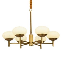 6-flammige Retro-Pendelleuchte aus rustikalem Messing mit Glasschirm