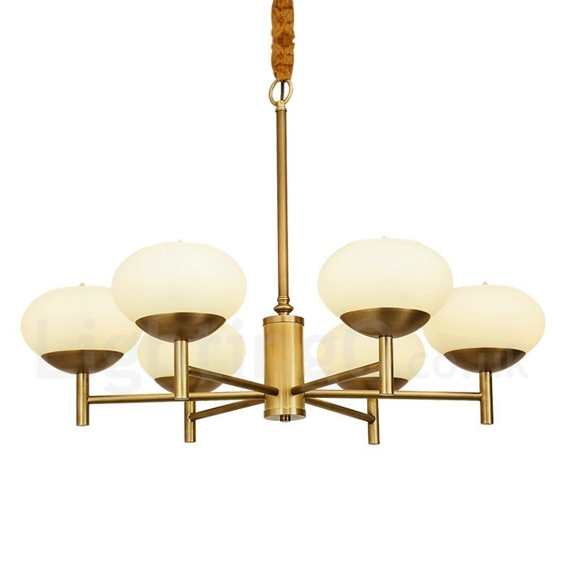 6-flammige Retro-Pendelleuchte aus rustikalem Messing mit Glasschirm